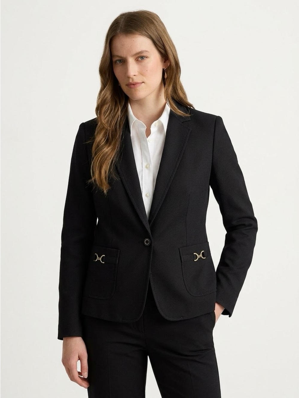 Talbots Single Button Horsebit Blazer Size 8 Black Pique Cotton Equestrian